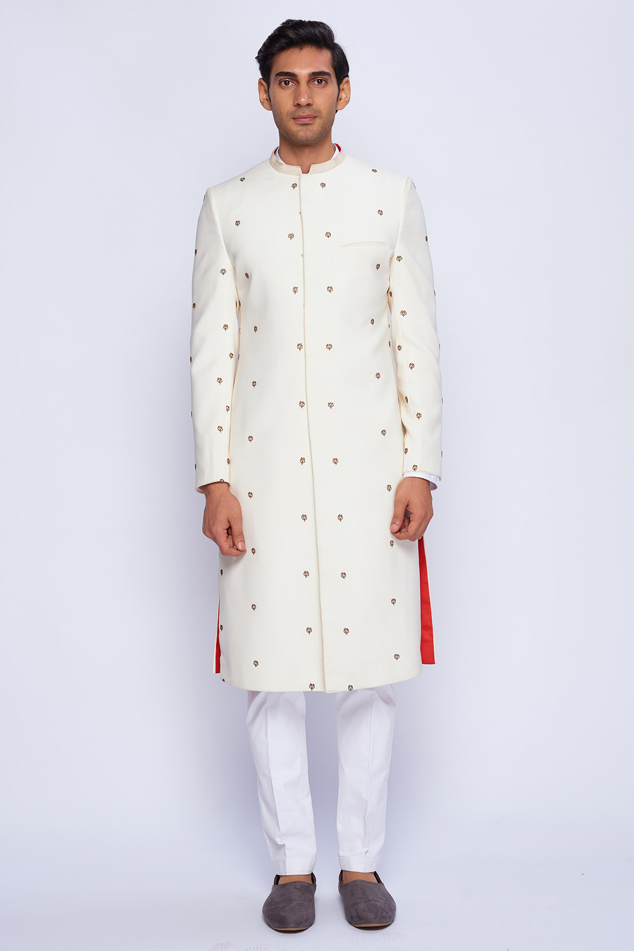 White Embroidered Sherwani Set by TISASTUDIO