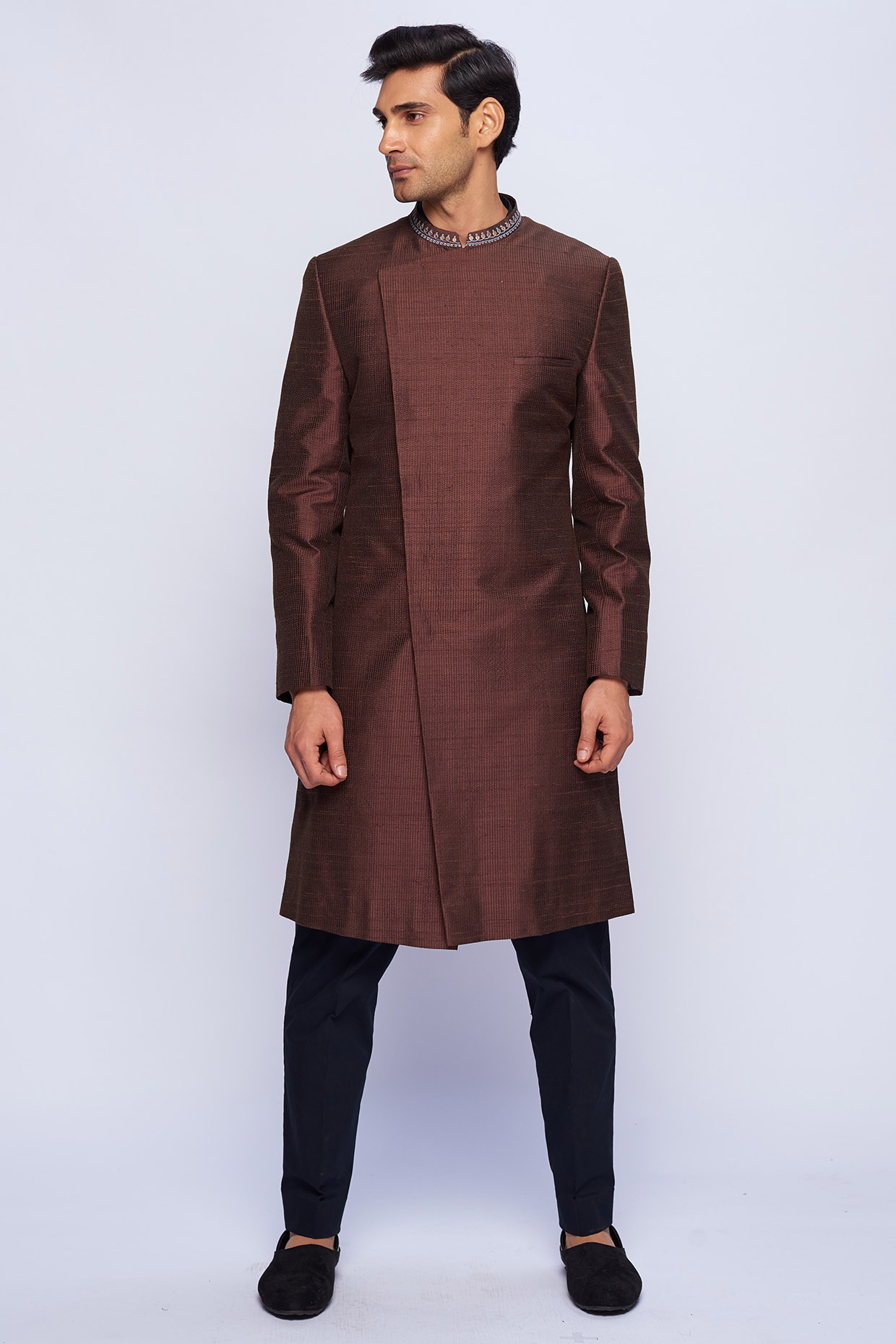 Brown Raw Silk Sherwani Set by TISASTUDIO