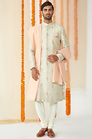 Light Grey Embroidered Sherwani Set by TISASTUDIO