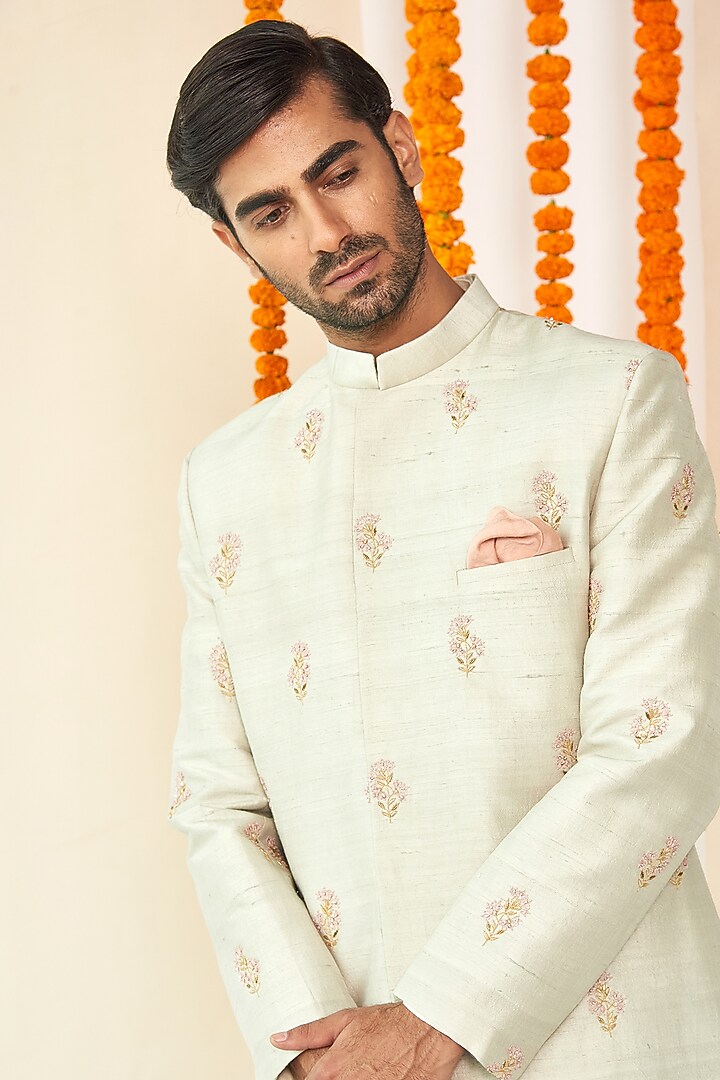 Light Grey Embroidered Groom Sherwani Set by TISASTUDIO at Pernia's Pop Up Shop