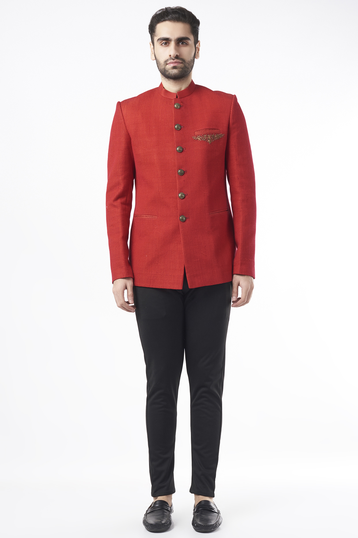 Red Embroidered Bandhgala Jacket by TISASTUDIO