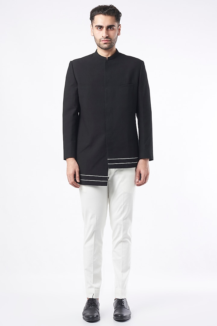 Black Asymmetrical Bandhgala Jacket by TISASTUDIO