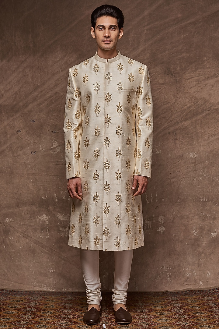 Ivory Motif Embroidered Groom Sherwani Set by TISASTUDIO at Pernia's Pop Up Shop