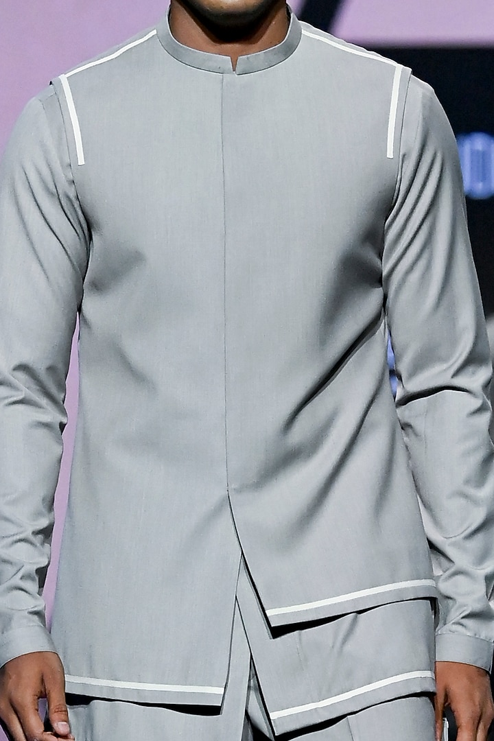 Grey Terry Rayon Nehru Jacket Set by TISASTUDIO at Pernia's Pop Up Shop