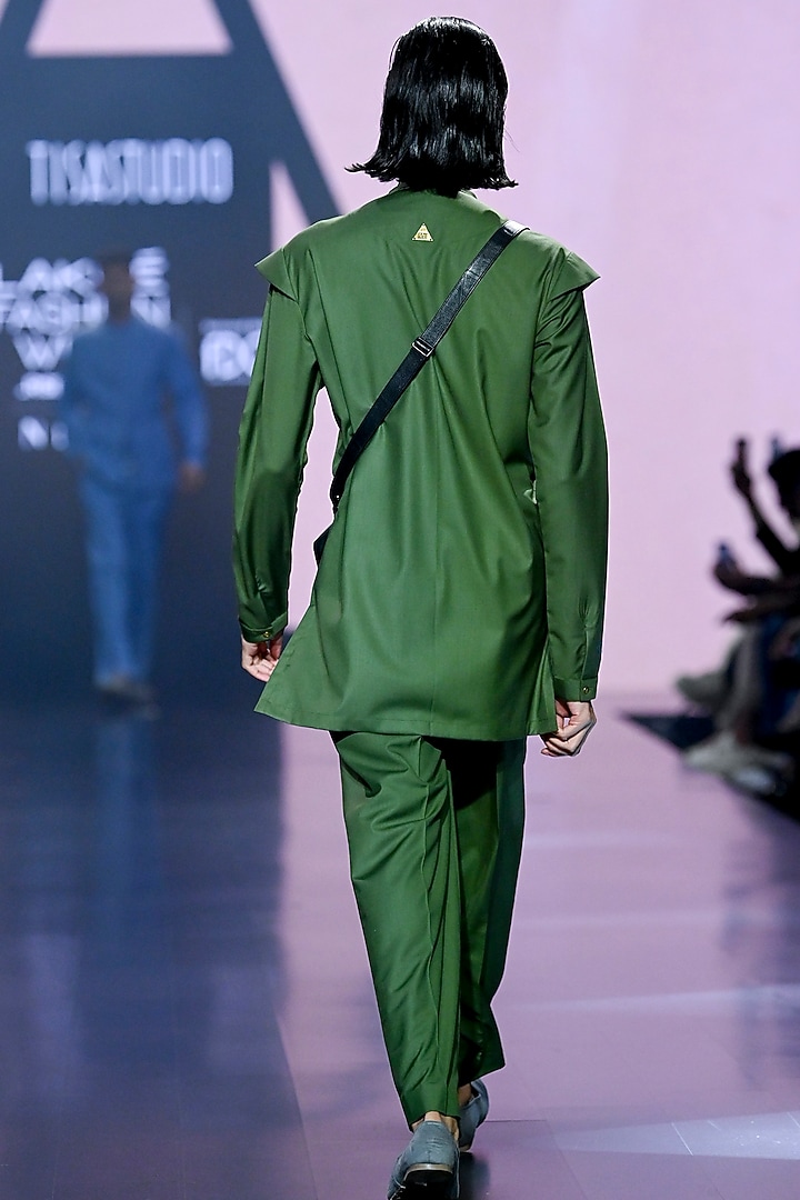 Green Terry Rayon Asymmetric Kurta Set by TISASTUDIO at Pernia's Pop Up Shop