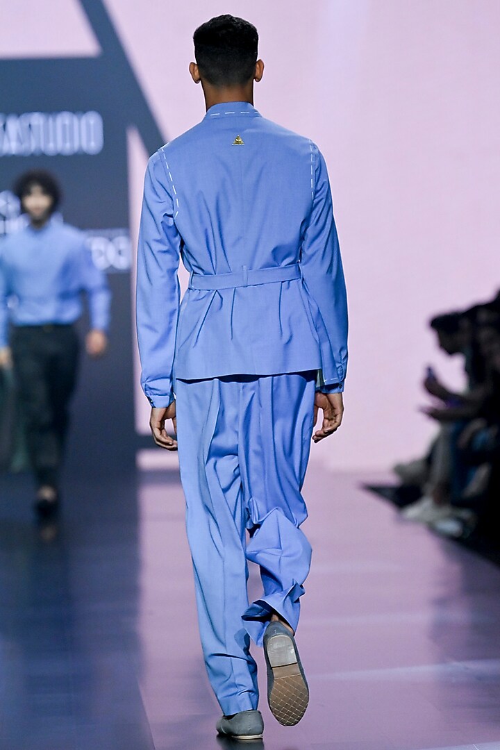 Blue Terry Rayon Nehru Jacket Set by TISASTUDIO at Pernia's Pop Up Shop