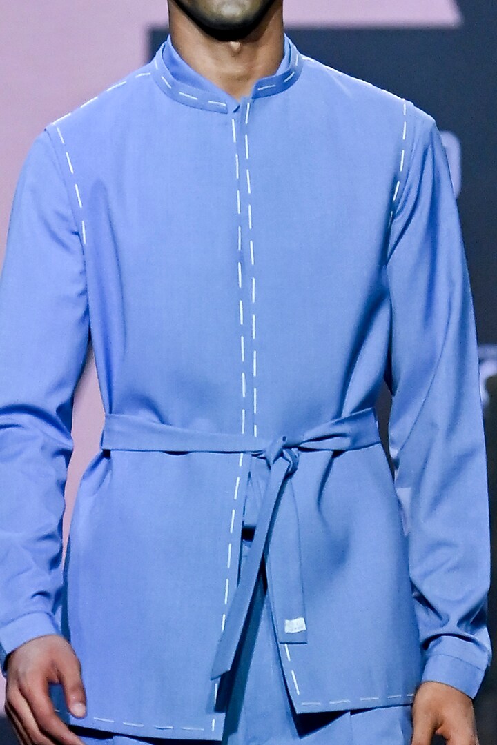 Blue Terry Rayon Nehru Jacket Set by TISASTUDIO at Pernia's Pop Up Shop