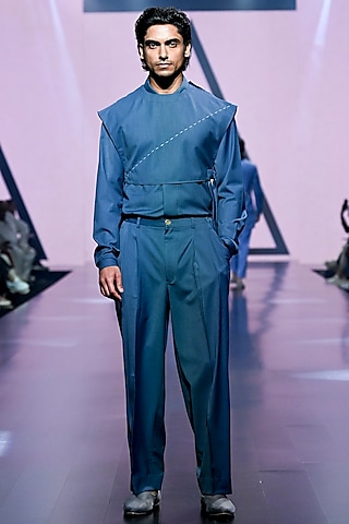 Blue Terry Rayon Pant Set by TISASTUDIO