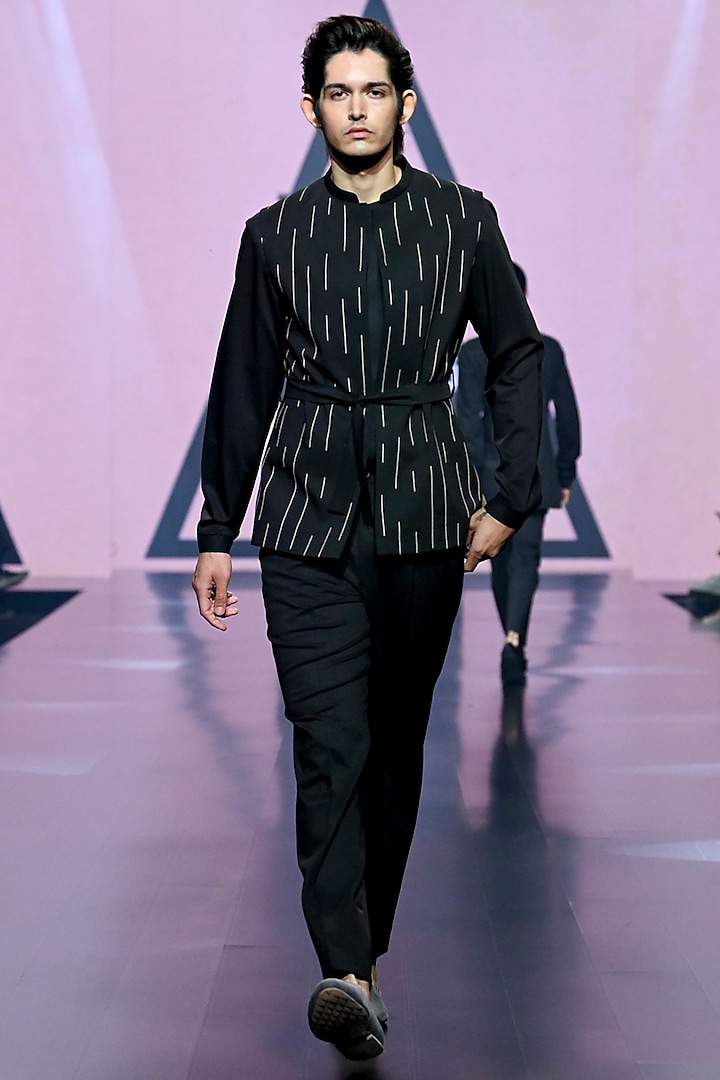 Black Terry Rayon Nehru Jacket Set by TISASTUDIO at Pernia's Pop Up Shop