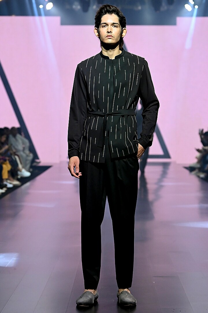 Black Terry Rayon Nehru Jacket Set by TISASTUDIO at Pernia's Pop Up Shop