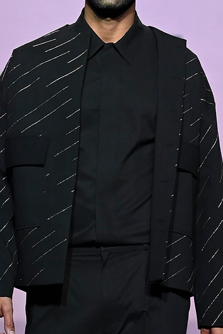 Black Terry Rayon Embroidered Jacket Set by TISASTUDIO at Pernia's Pop Up Shop