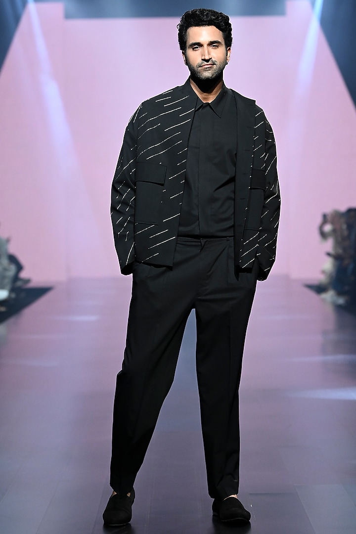 Black Terry Rayon Embroidered Jacket Set by TISASTUDIO at Pernia's Pop Up Shop