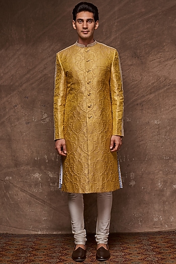 Mustard Embroidered Brocade Sherwani Set by TISASTUDIO