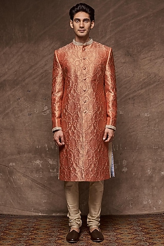 Rust Orange Embroidered Brocade Sherwani Set by TISASTUDIO