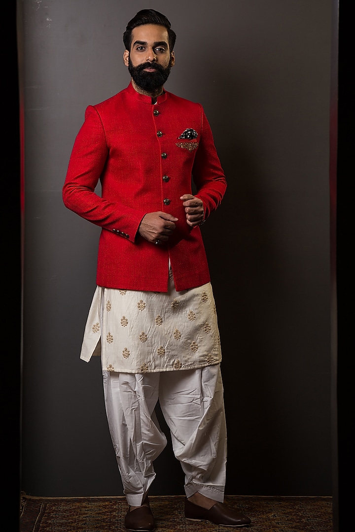 Red Textured Bandhgala Jacket by TISASTUDIO