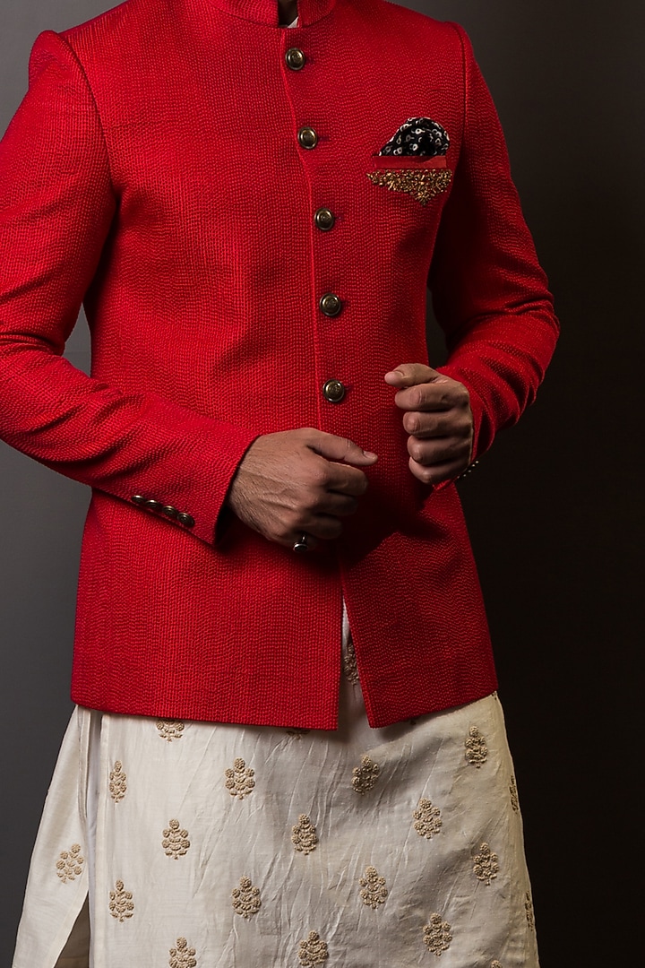 Red Textured Groom Bandhgala Jacket by TISASTUDIO at Pernia's Pop Up Shop