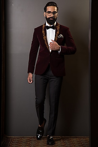 Burgundy Blazer With Embroidered Lapel by TISASTUDIO