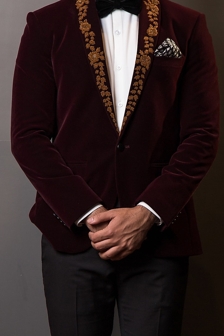 Burgundy Blazer With Embroidered Lapel by TISASTUDIO at Pernia's Pop Up Shop