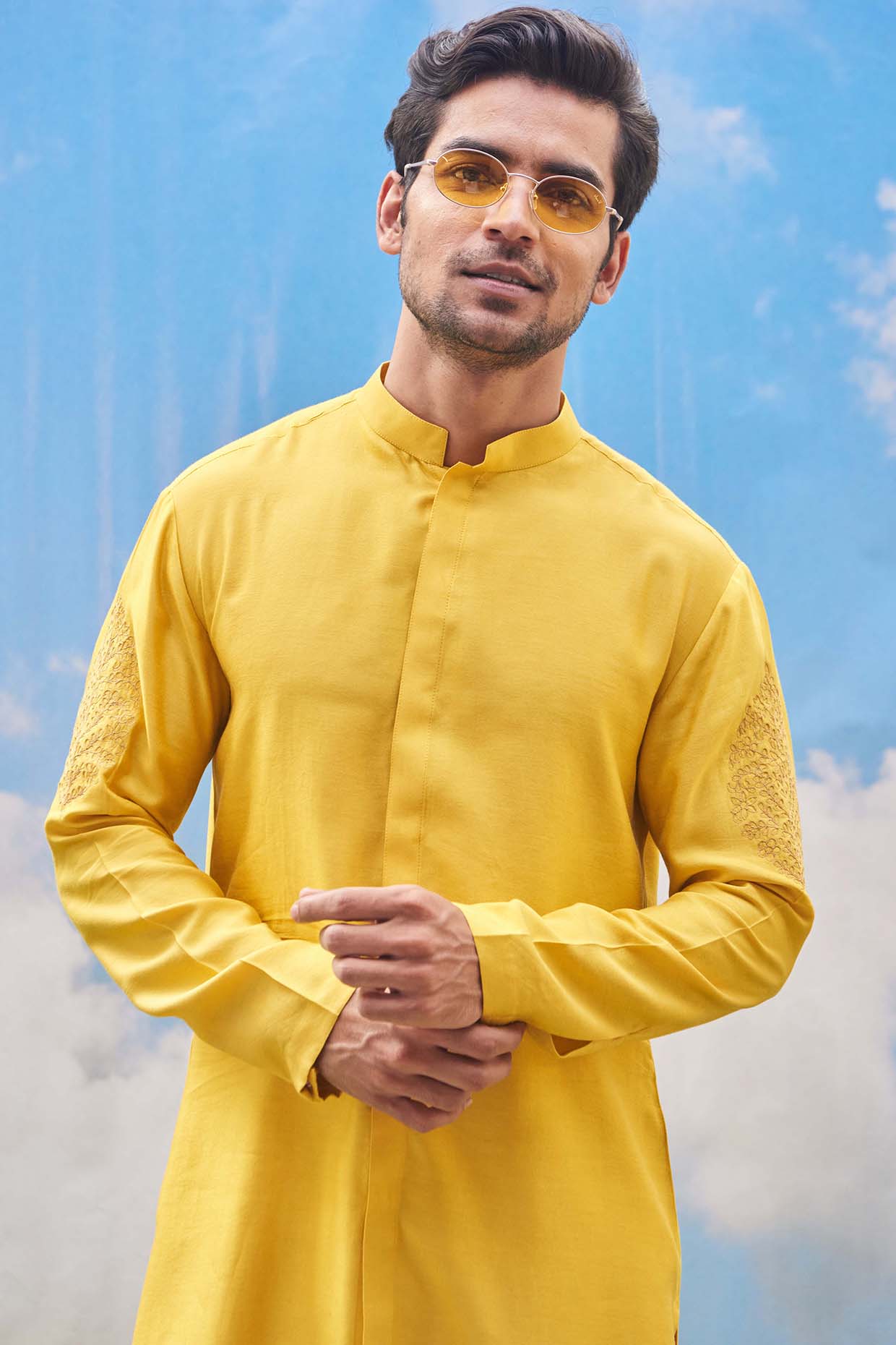 Yellow Hand Embroidered Kurta Set by Tisa