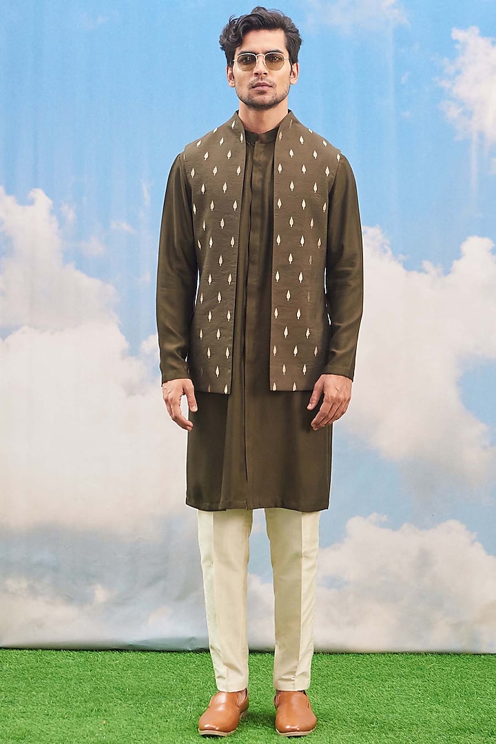 Olive Green Silk Viscose Kurta Set With Bundi Jacket by TISASTUDIO