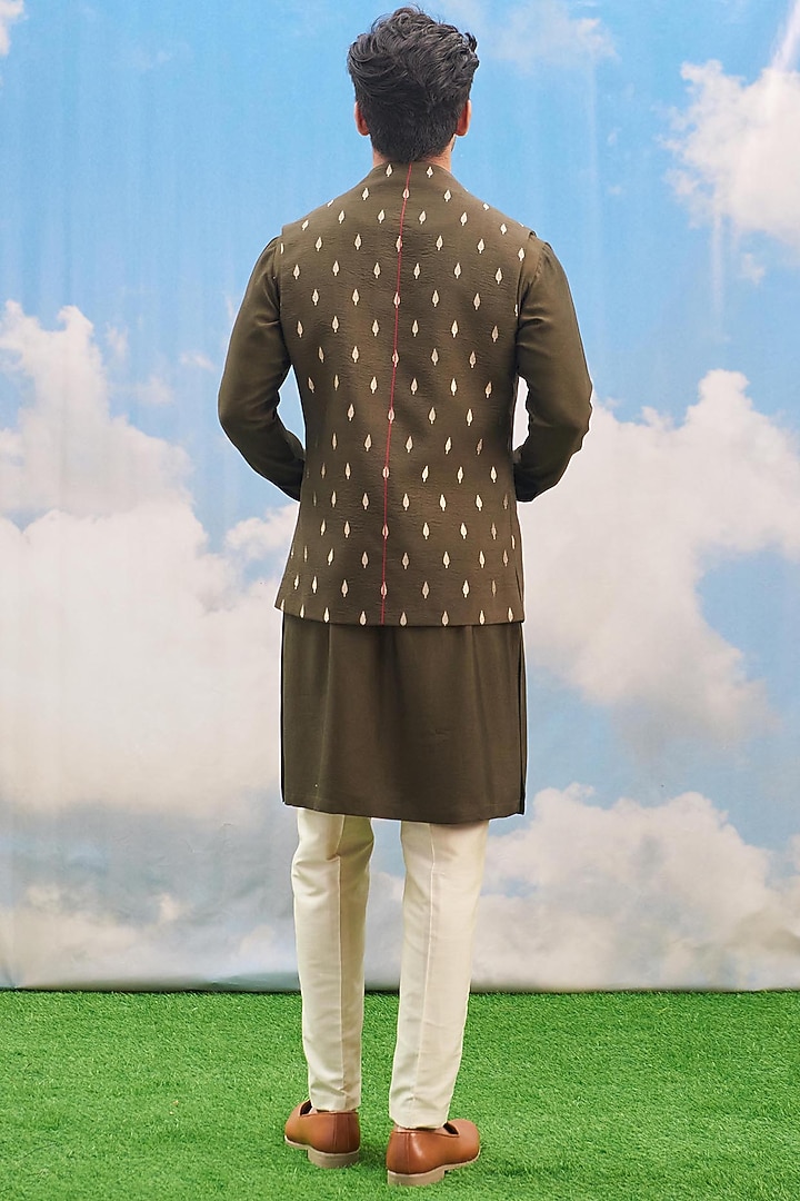 Olive Green Silk Viscose Blend Motif Embroidered Bundi Jacket Set by TISASTUDIO at Pernia's Pop Up Shop