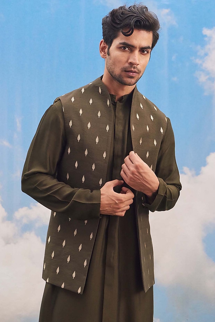 Olive Green Silk Viscose Blend Motif Embroidered Bundi Jacket Set by TISASTUDIO at Pernia's Pop Up Shop