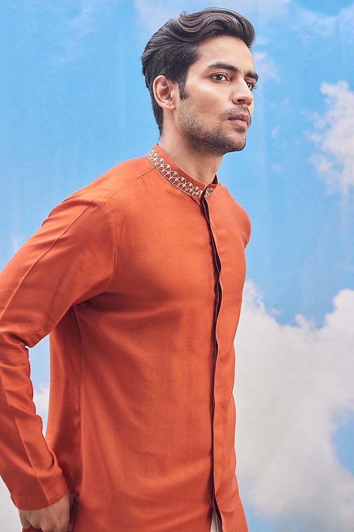 Rust Orange Silk Viscose Blend Kurta Set by TISASTUDIO at Pernia's Pop Up Shop