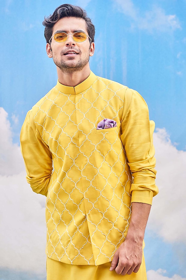 Yellow Silk Viscose Kurta Set With Bundi Jacket by Tisa