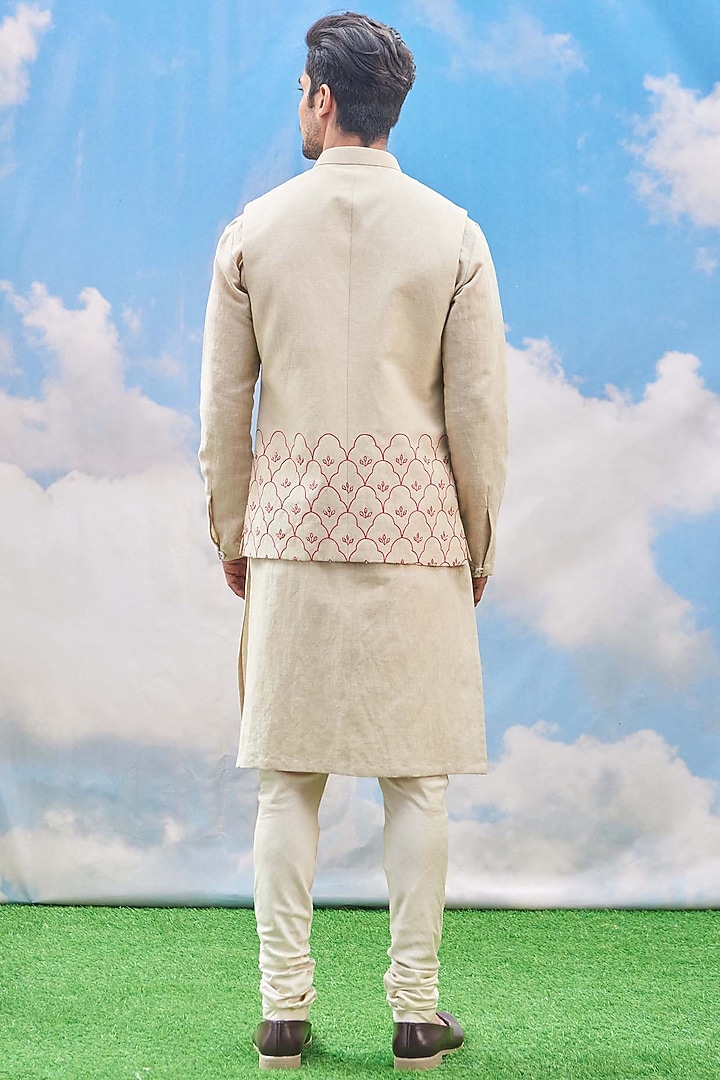 Stone Beige Cotton Blend Kurta Set With Bundi Jacket by TISASTUDIO at Pernia's Pop Up Shop