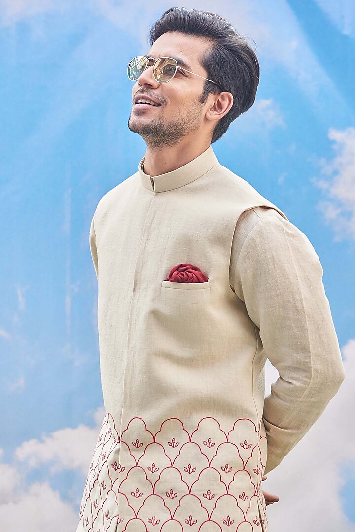 Stone Beige Cotton Blend Kurta Set With Bundi Jacket by TISASTUDIO at Pernia's Pop Up Shop