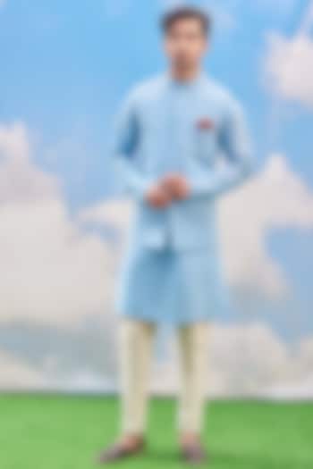 Sky Blue Cotton Blend Kurta Set With Bundi Jacket by TISA
