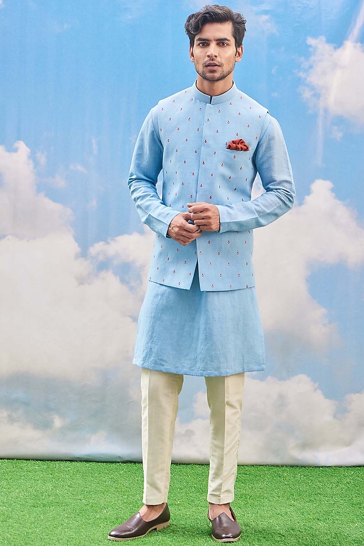 Sky Blue Cotton Blend Kurta Set With Bundi Jacket by TISASTUDIO