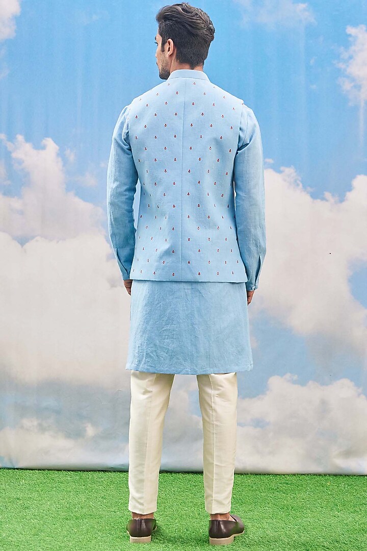 Sky Blue Cotton Blend Motifs Embellished Bundi Jacket Set by TISASTUDIO at Pernia's Pop Up Shop