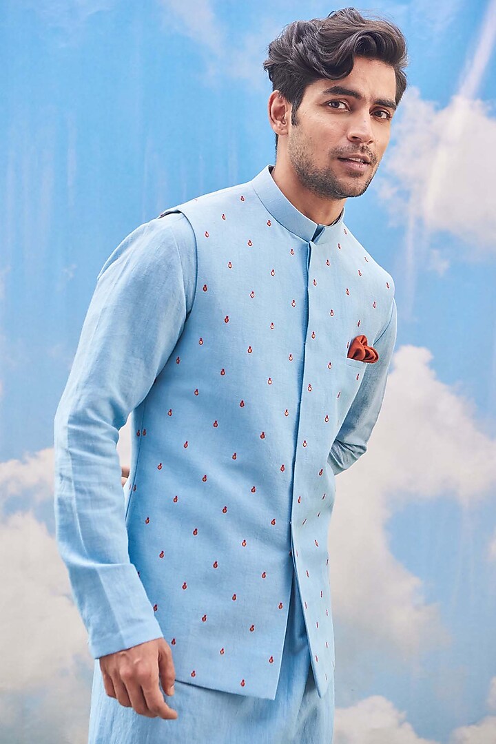 Sky Blue Cotton Blend Motifs Embellished Bundi Jacket Set by TISASTUDIO at Pernia's Pop Up Shop