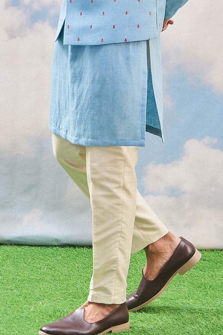 Sky Blue Cotton Blend Motifs Embellished Bundi Jacket Set by TISASTUDIO at Pernia's Pop Up Shop
