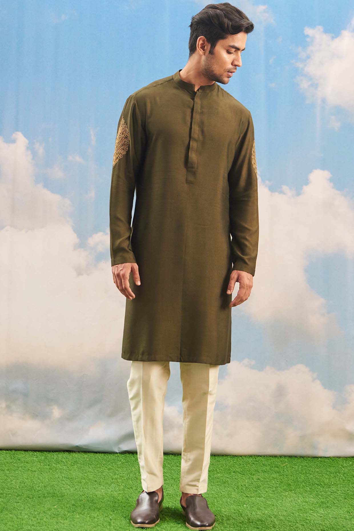 Olive Green Hand Embroidered Kurta Set by Tisa