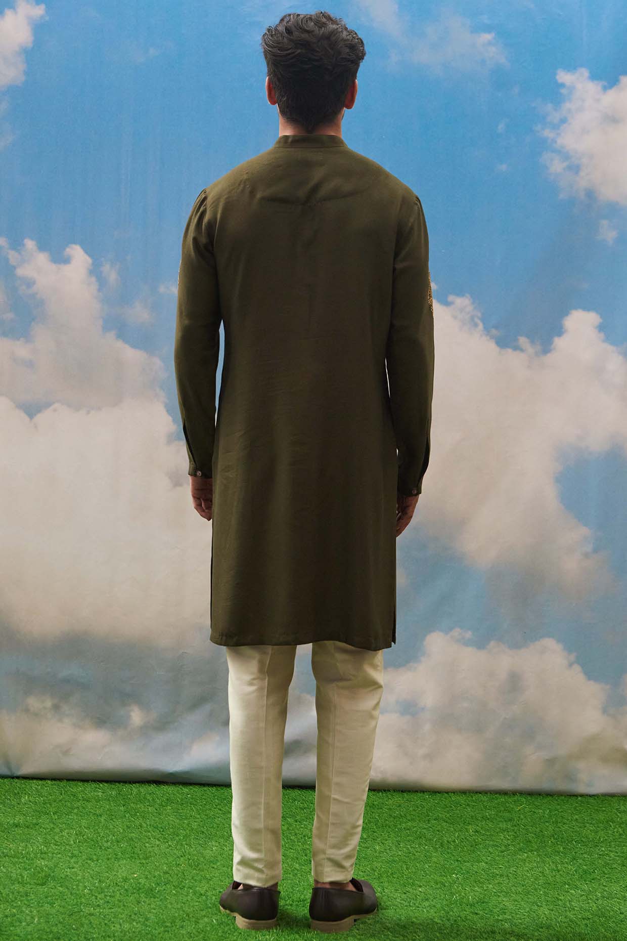 Olive Green Hand Embroidered Kurta Set by Tisa