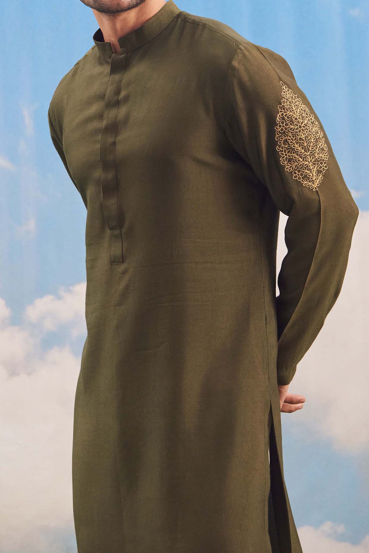 Olive Green Hand Embroidered Kurta Set by Tisa