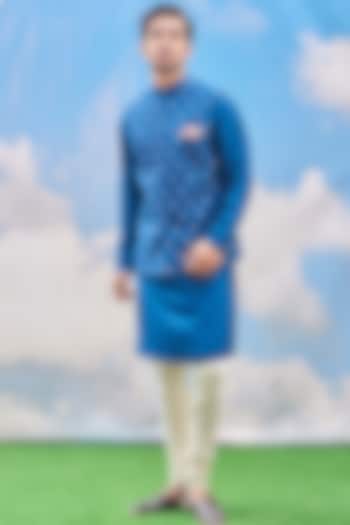 Teal Blue Kurta Set With Bundi Jacket by TISASTUDIO