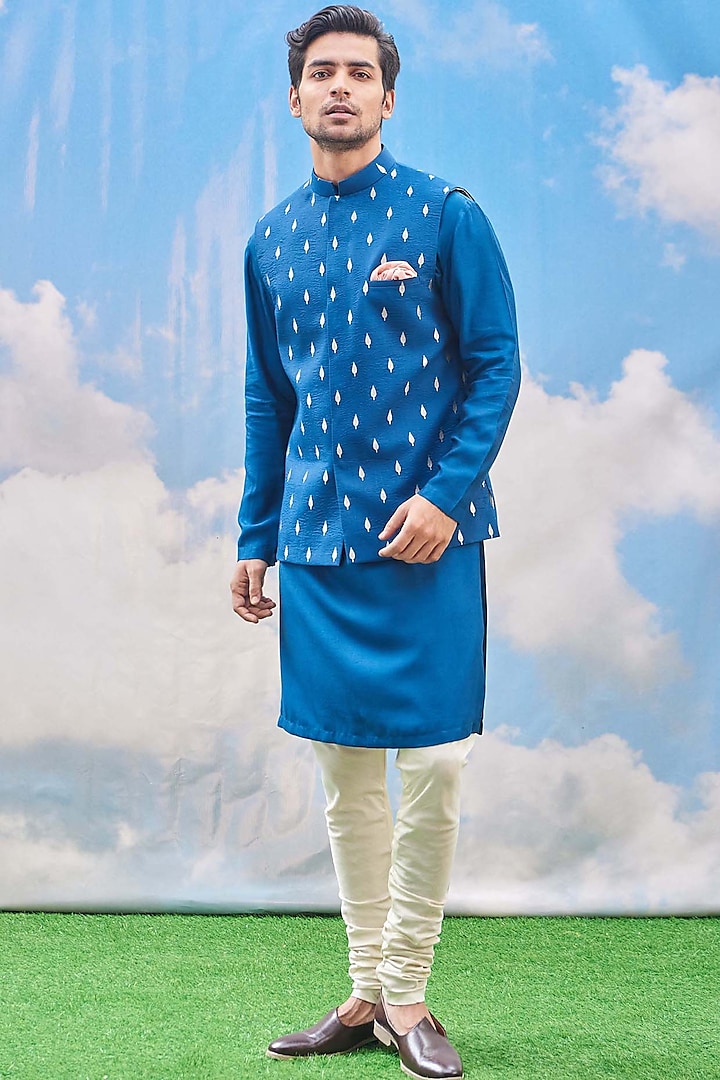 Teal Blue Kurta Set With Bundi Jacket by Tisa