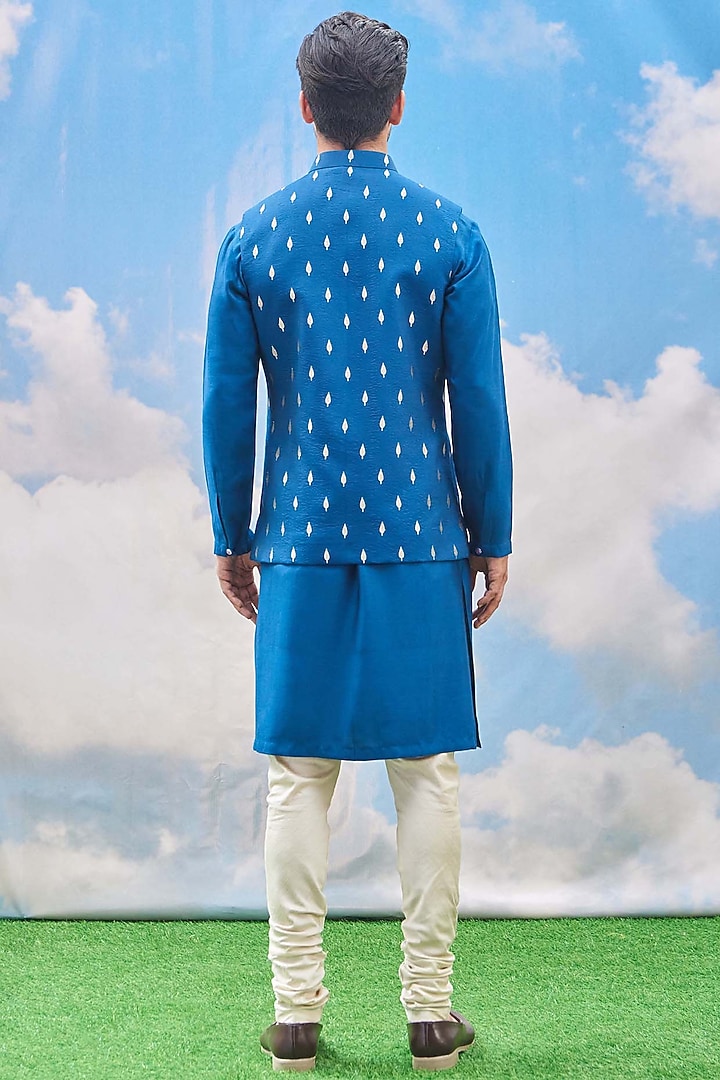 Teal Blue Silk Viscose Blend Motifs Embroidered Bundi Jacket Set by TISASTUDIO at Pernia's Pop Up Shop
