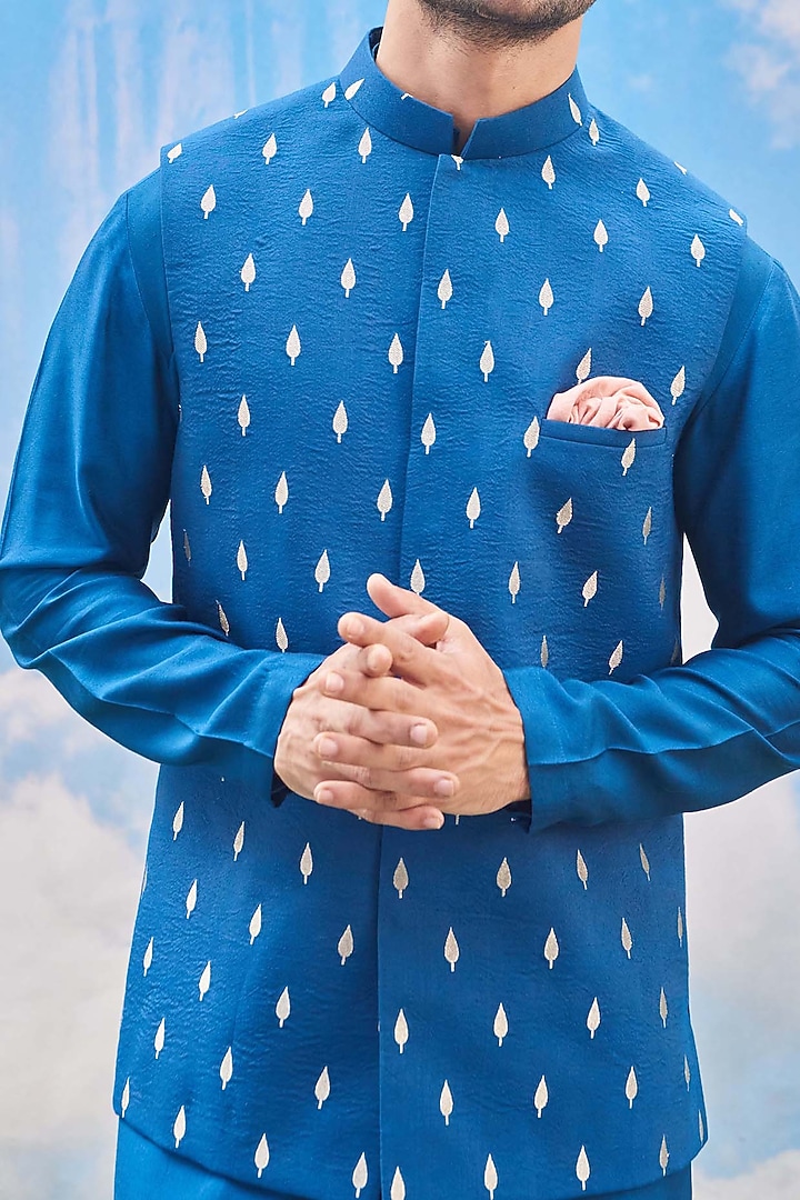Teal Blue Silk Viscose Blend Motifs Embroidered Bundi Jacket Set by TISASTUDIO at Pernia's Pop Up Shop