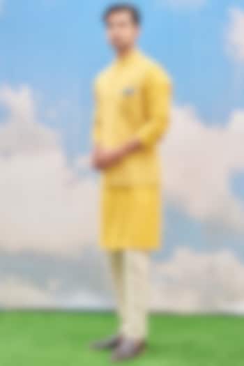 Bright Yellow Cotton Blend Embroidered Bundi Jacket Set by TISASTUDIO