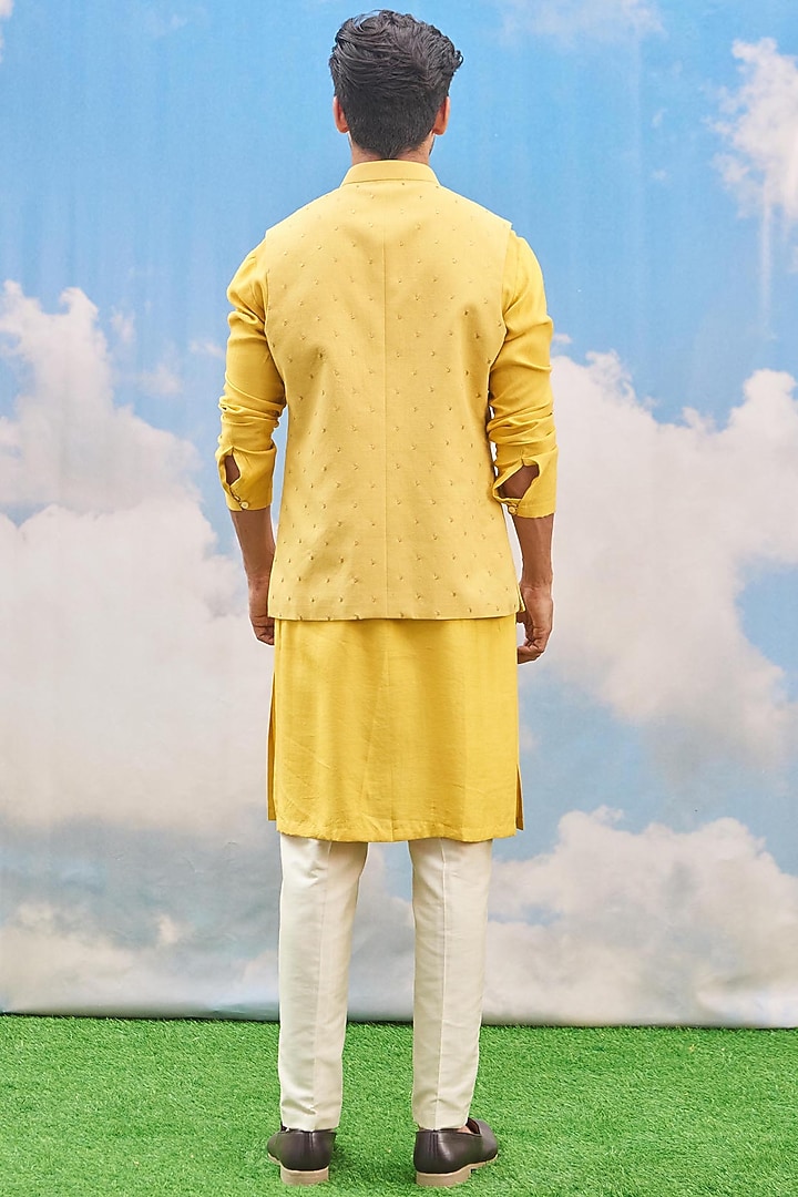 Bright Yellow Cotton Blend Embroidered Bundi Jacket Set by TISASTUDIO at Pernia's Pop Up Shop