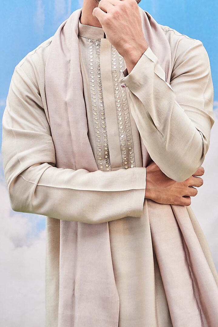 Beige Hand Embroidered Kurta Set by TISASTUDIO at Pernia's Pop Up Shop