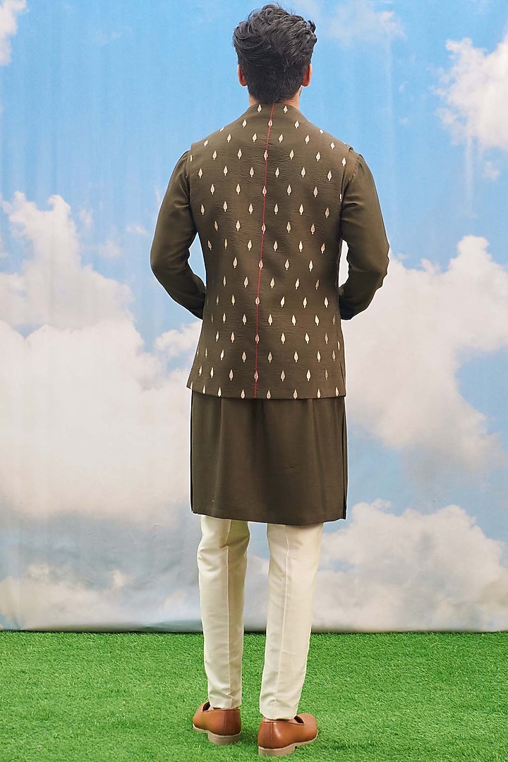 Olive Green Silk Viscose Blend Embroidered Bundi Jacket Set by TISASTUDIO at Pernia's Pop Up Shop