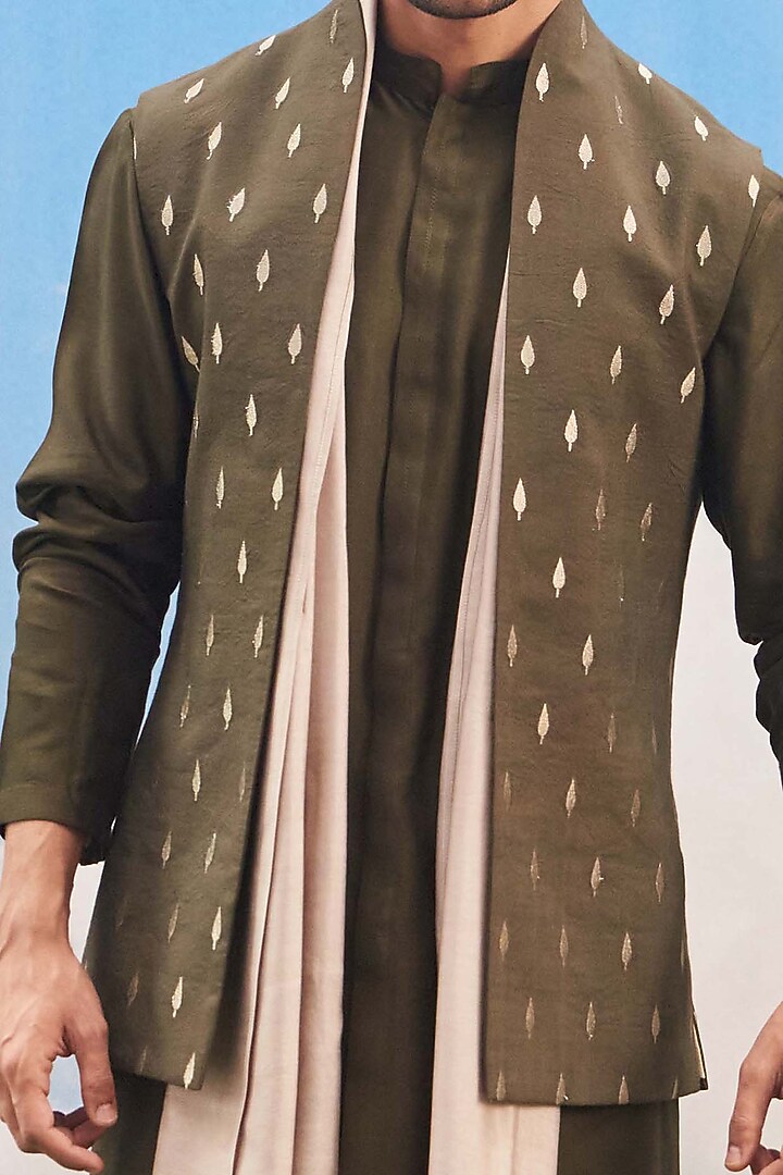 Olive Green Silk Viscose Blend Embroidered Bundi Jacket Set by TISASTUDIO at Pernia's Pop Up Shop