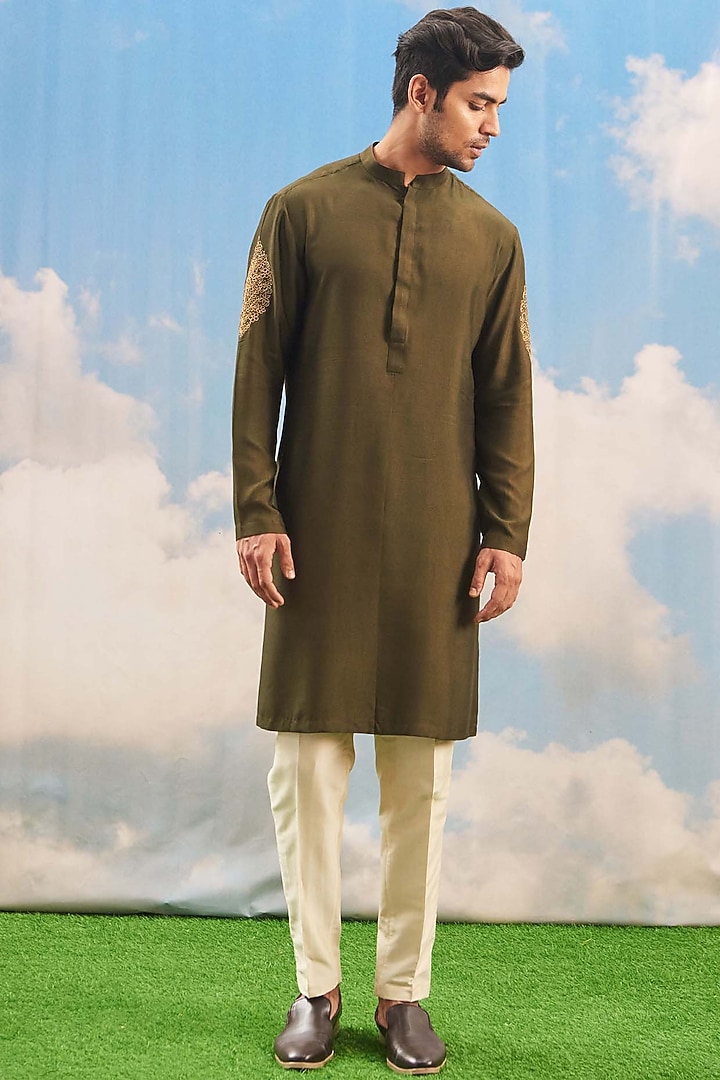 Olive Green Silk Viscose Blend Hand Embroidered Kurta Set by TISASTUDIO at Pernia's Pop Up Shop