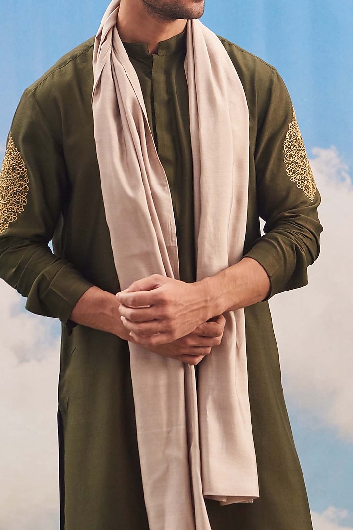Olive Green Silk Viscose Blend Hand Embroidered Kurta Set by TISASTUDIO at Pernia's Pop Up Shop
