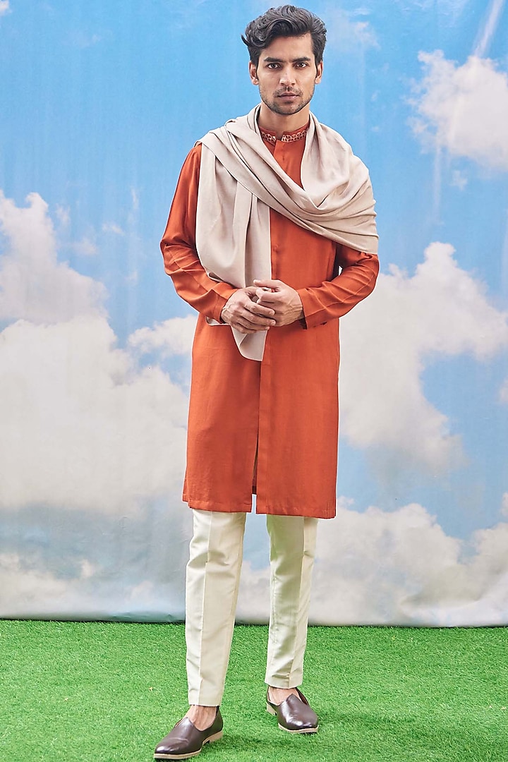 Rust Orange Embroidered Kurta Set by Tisa